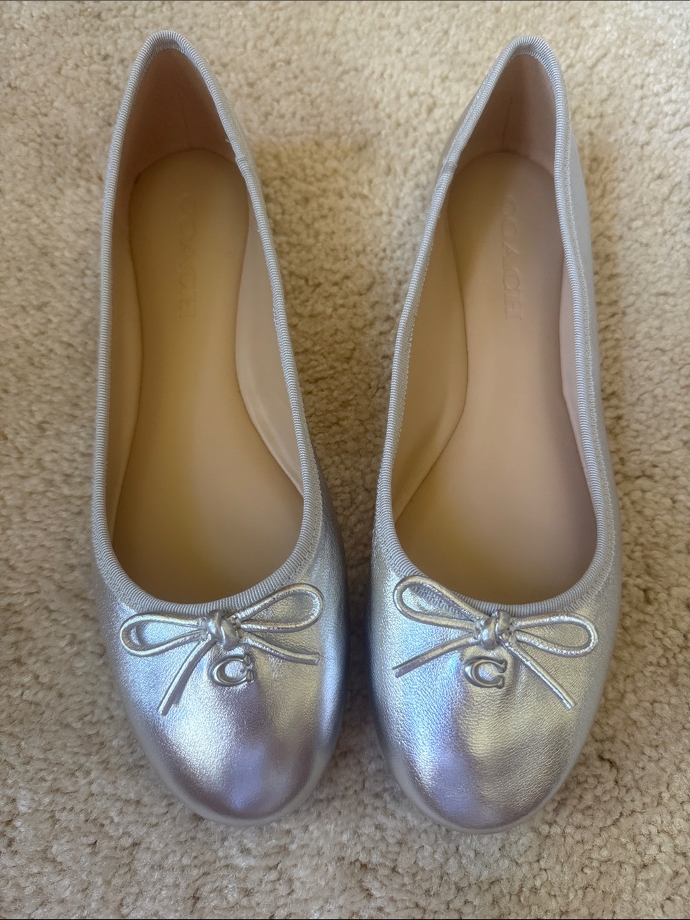Coach Metallic Silver Leather Ballet Flats with Bow & 'C' Charm